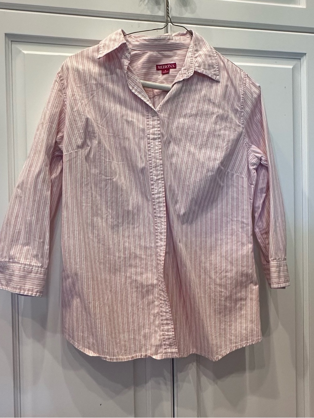 Merona Pink Stripe Button-Up COTTON Tailored Shirt 3/4 Sleeves
